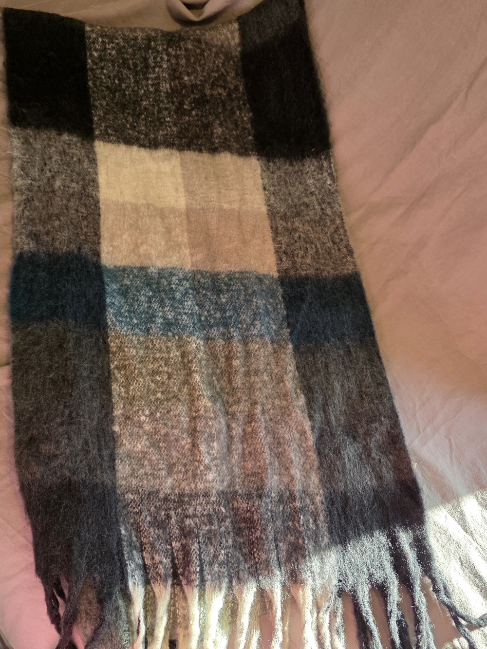 Plaid Fringe Knit Women's Poncho - Blue, Gray & Cream - Picture 2 of 3
